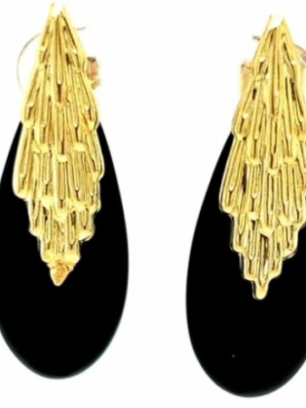 14K Art Deco Solid Yellow Gold Onyx Magnificent Teardrop Earrings
